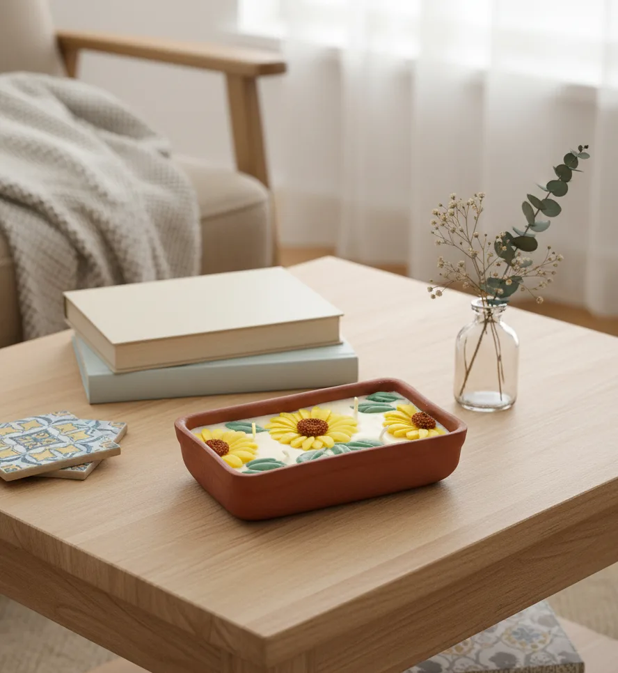 surajmukhi candle on living room coffee table