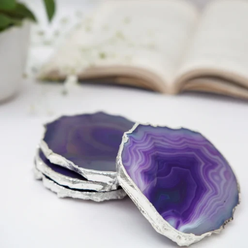 Brazilian Agate Coaster Silver Plated Set of 4 Purple (3)