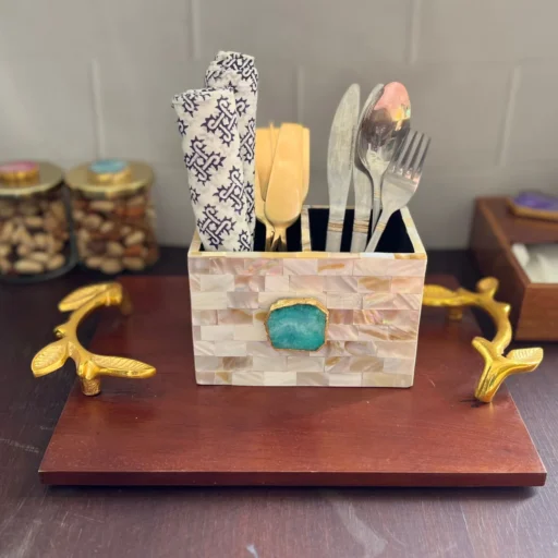Mother of Pearl with Agate Cutlery Holder Green (2)