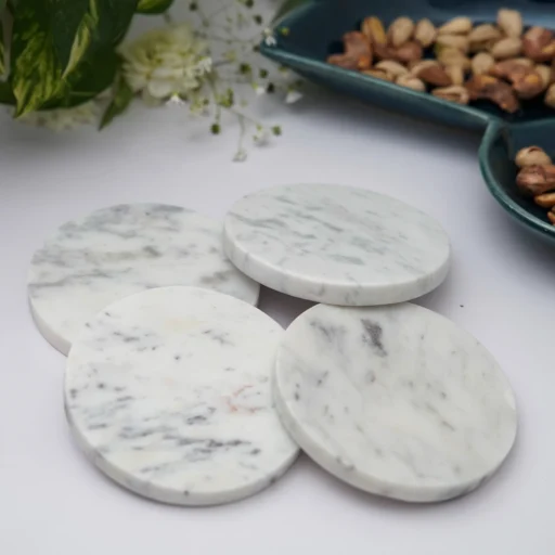 White Marble Plain Round Coaster Set of 4 (4)